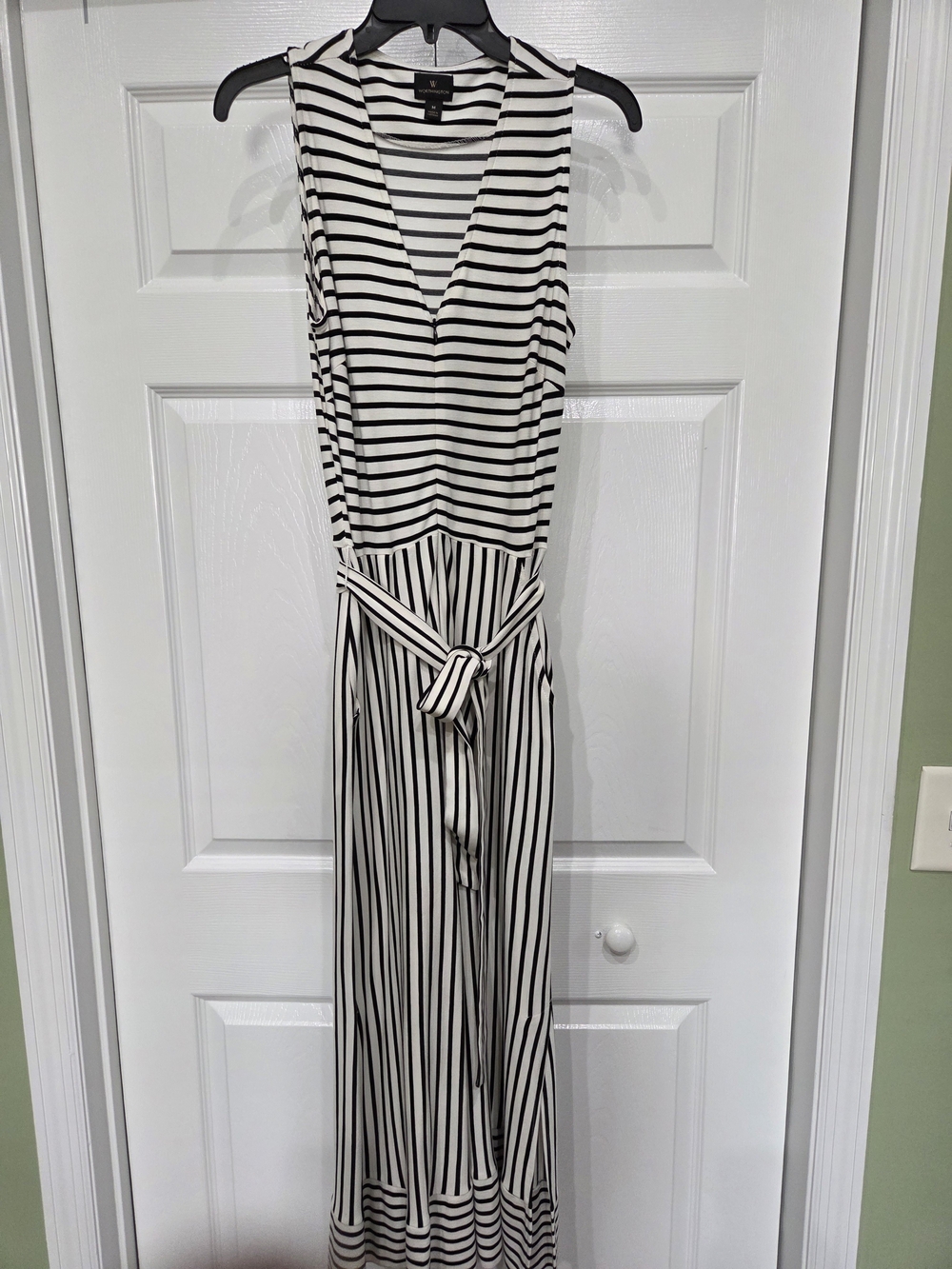 Sleeveless Black & White Striped Jumpsuit with Tie Waist